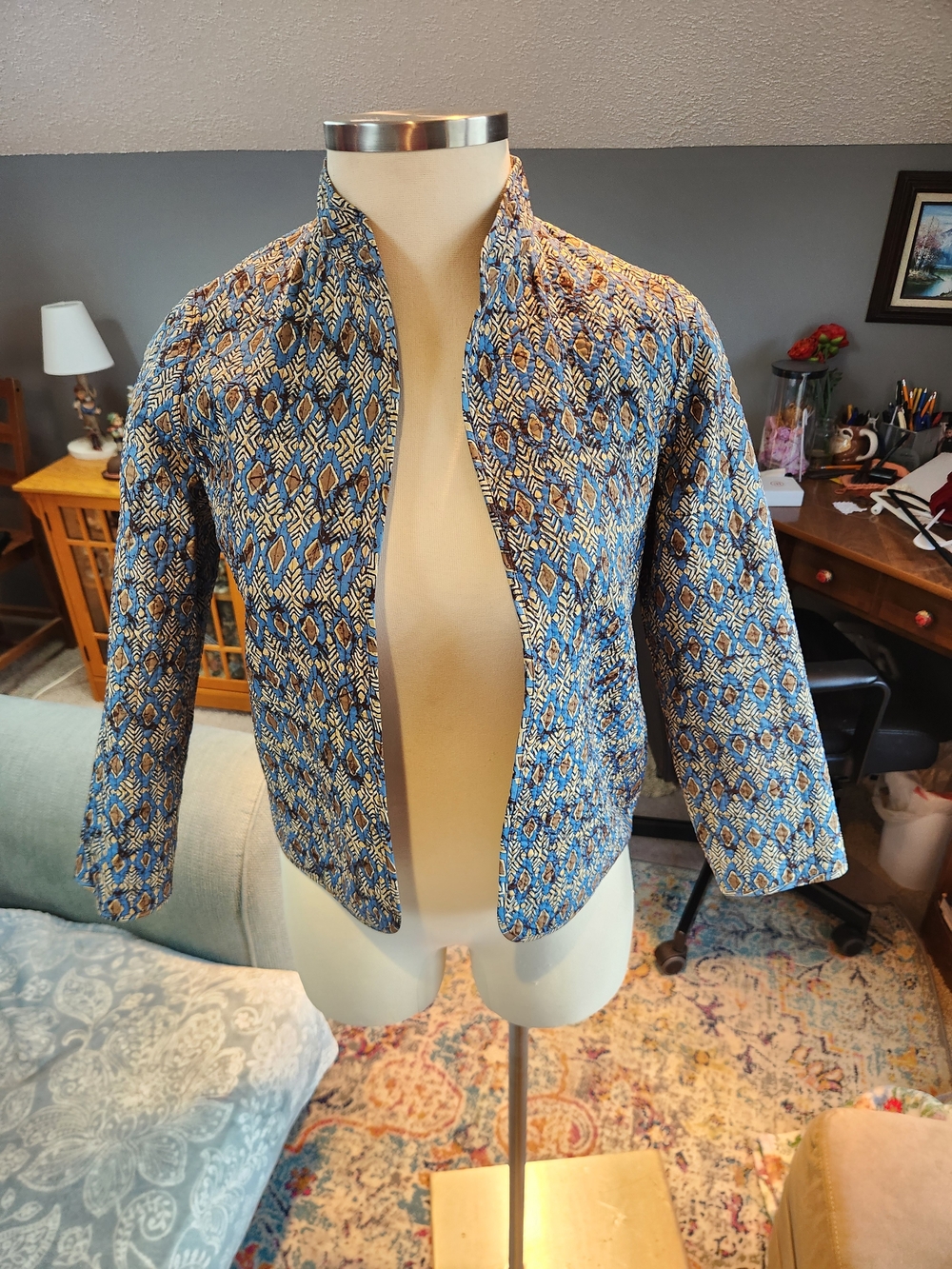 Reversible Patterned Blue & Tan Women's Open Front Jacket Small Boho!